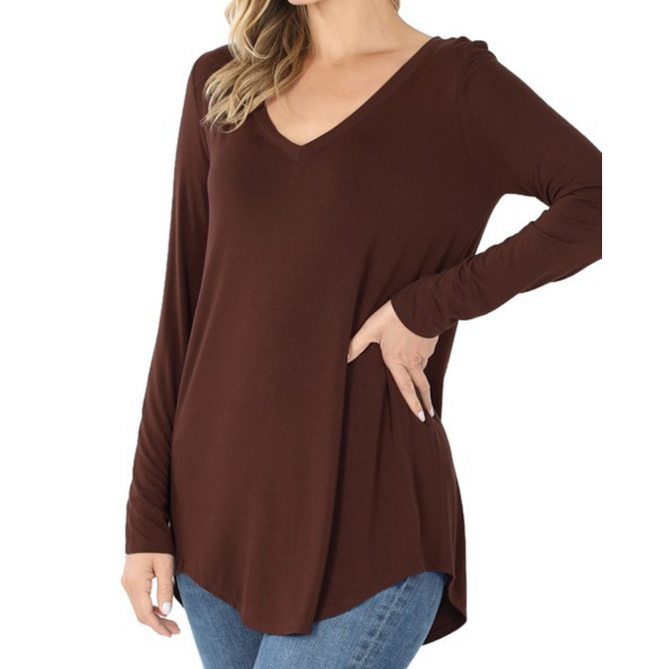 Dark Brown Luxe Rayon Long Sleeve V-Neck Top with Hi-Low Hem