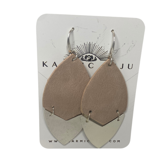 Pale Pink Faux Leather Large Drop Pointed Oval Earrings with Bottom Silver Accent