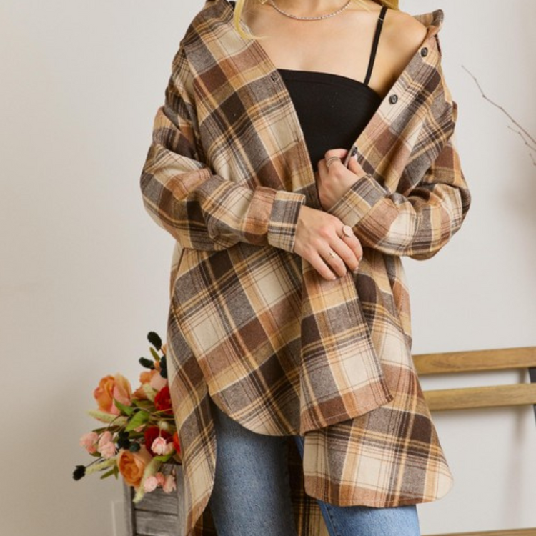 Mocha Brown Long Plaid Flannel Button Down Top Shacket