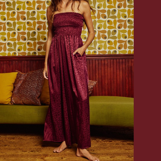 Burgandy Satin Smocked Sleeveless Floral Embossed Wide Leg Jumpsuit