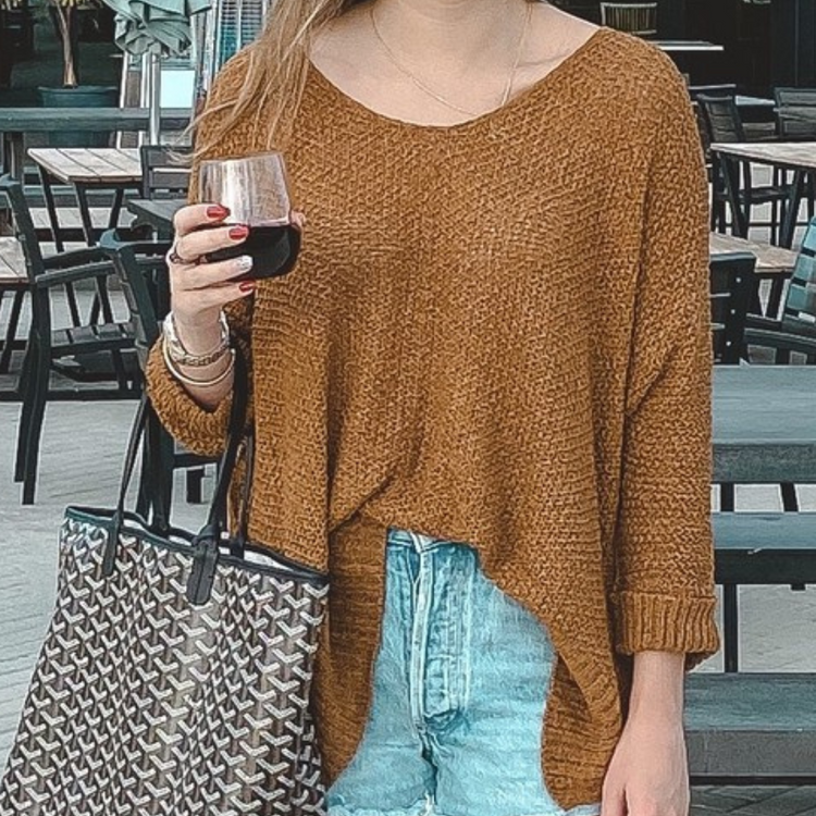 Caramel Brown High-Low V-Neck Pullover Sweater