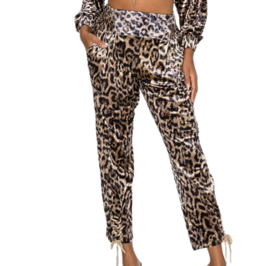 Brown Black Leopard Print Velvet Tied Ankle Jogger Pant