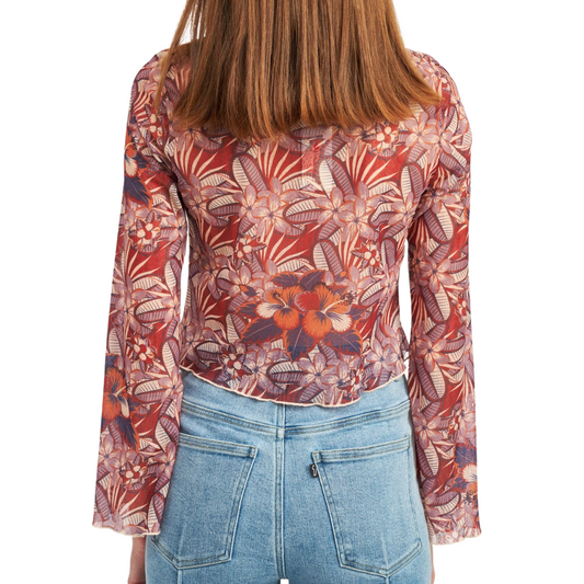 Rust Floral Lily Long Sleeve Crop Front Tie Top