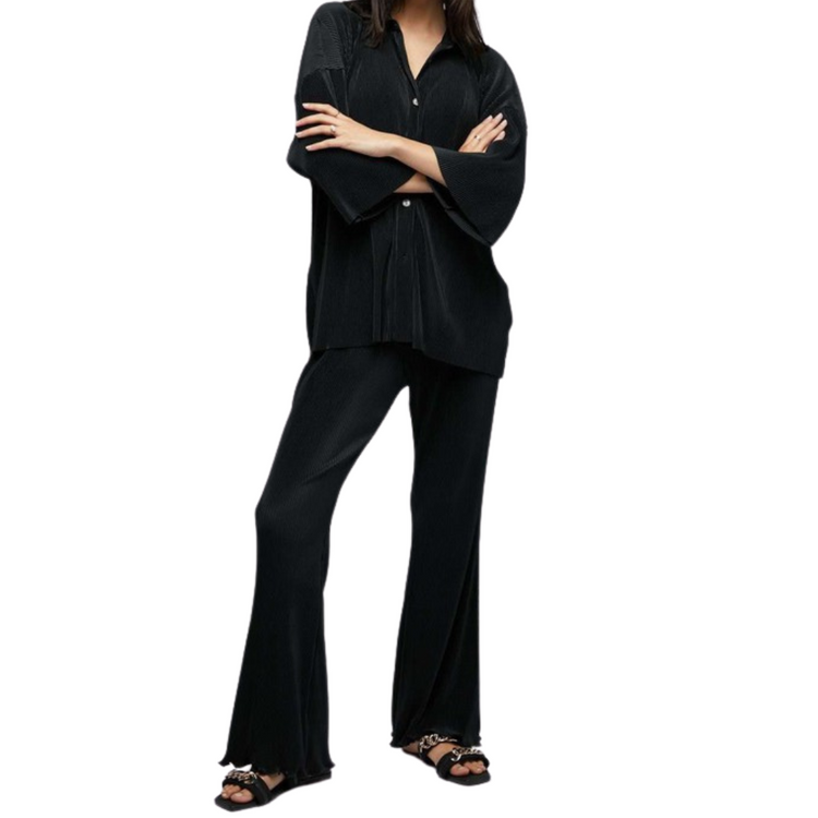 Black Woven Plisse Wide Leg High Waist Pants