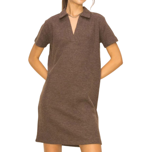 Dark Chocolate V-Neck Collared Short Sleeve Ribbed Sweater Dress