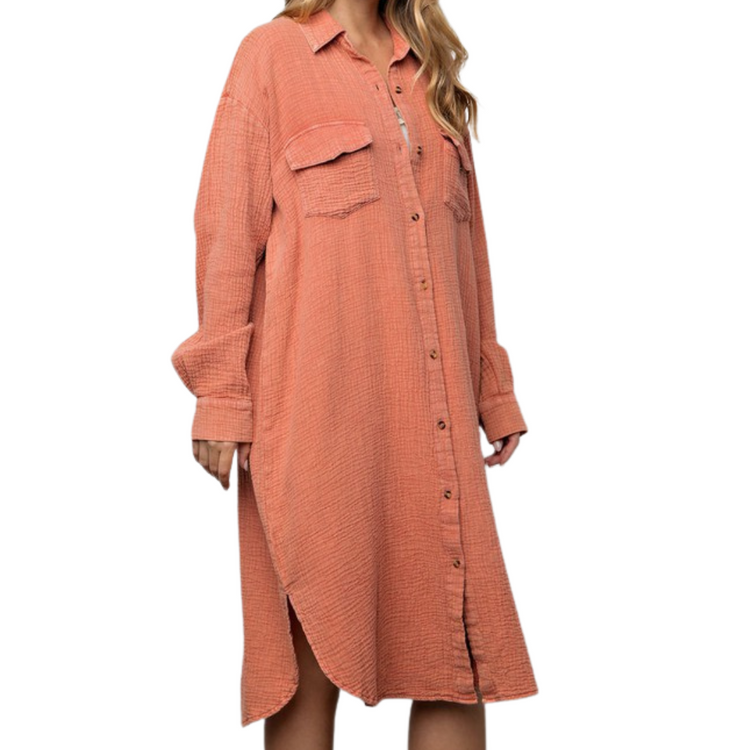 Rosy Rust Long Cotton Gauze Mineral Washed Button Down Shirt Dress