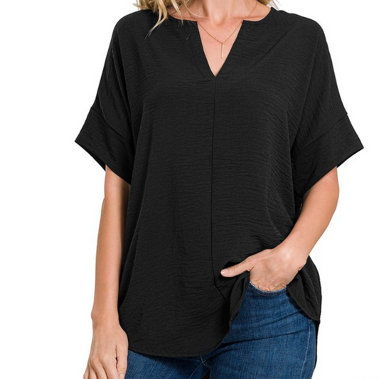 Black V-Neck Loose-fit Short Sleeve Top