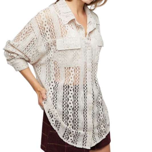 Tan Crochet Long Sleeve Button Down Top