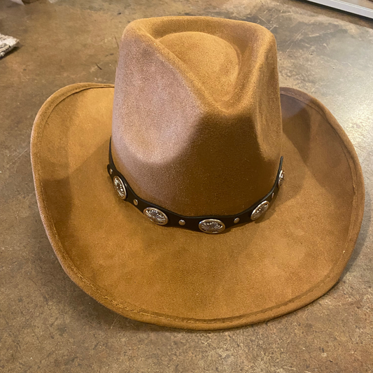 Brown Faux Suede Cowgirl Western Hat with Thin Concho Band