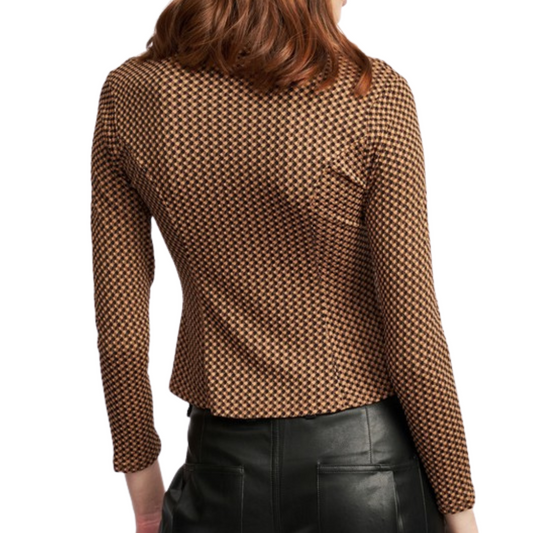 Black Brown Check Button Up Ruched Top