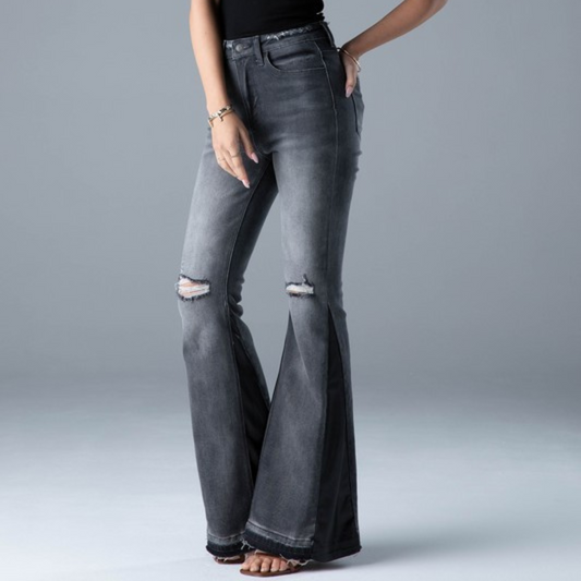 Distressed Black Denim High Rise Flare Bell Bottom Stretch Jeans with Faux Leather Detail