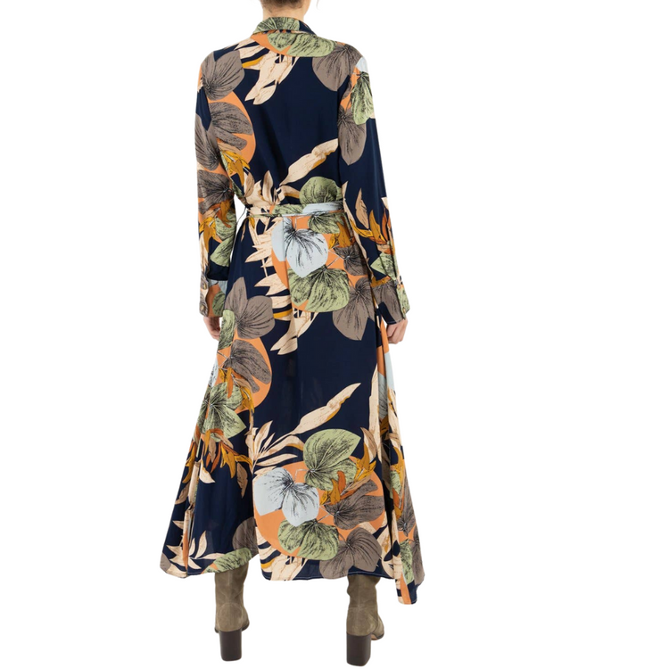 Abstract Black Long Wrap Dress with Large Abstract Floral