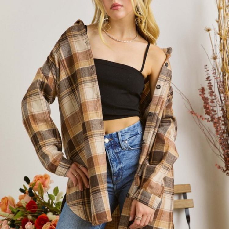 Mocha Brown Long Plaid Flannel Button Down Top Shacket