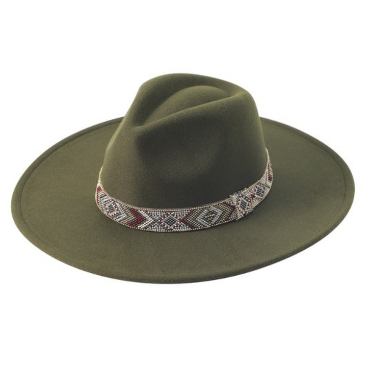 Felt Fedora Hat with Boho Geo Beaded Hatband with Diamond Bling Accents