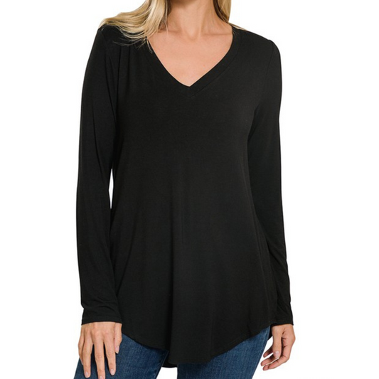 Black Luxe Rayon Long Sleeve V-Neck Top with Hi-Low Hem