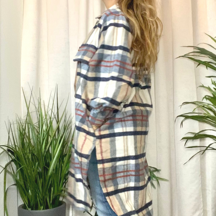 Gray Cream Rust Long Plaid Button Up Shirt Dress with Balloon Sleeves