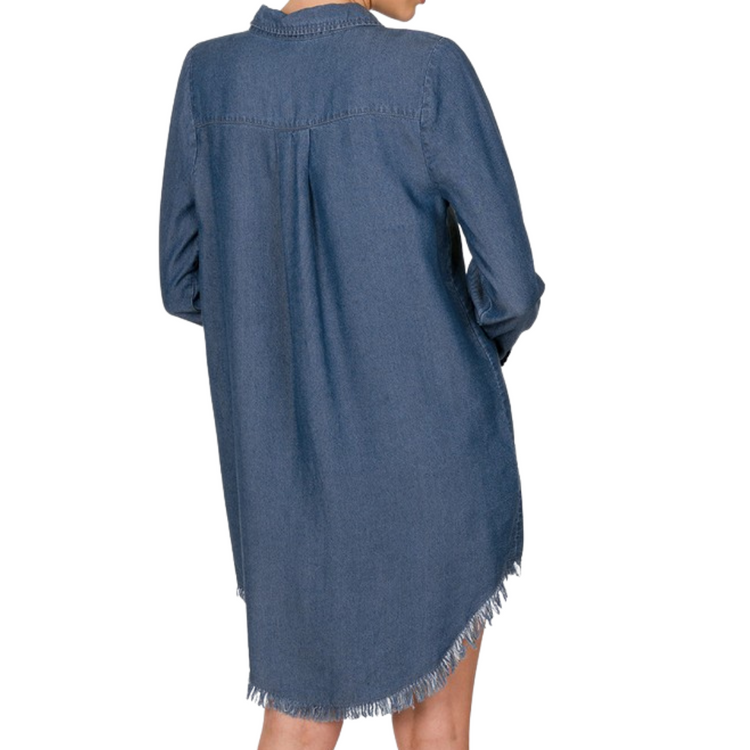 Dark Denim Chambray Long-sleeve Frayed Edge Shirt Dress