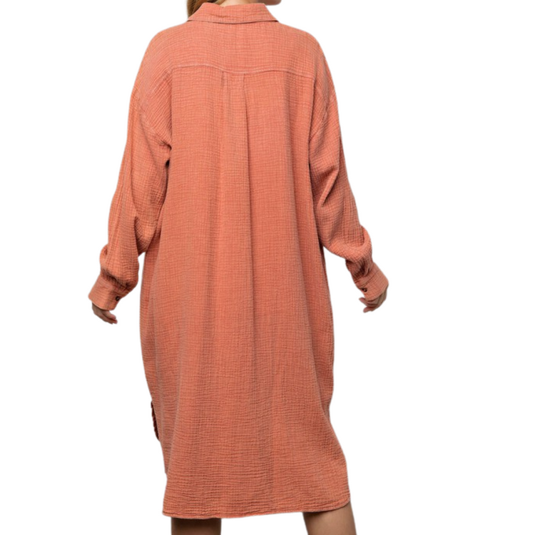 Rosy Rust Long Cotton Gauze Mineral Washed Button Down Shirt Dress