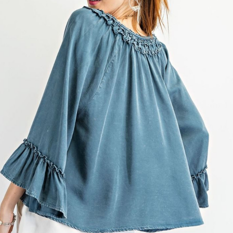 Blue Mineral Washed Loose Fit Ruffled Wing Sleeve Top