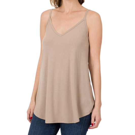 Light Mocha Spaghetti Strap Reversible Scoop/ V-Neck Loose Cami Top