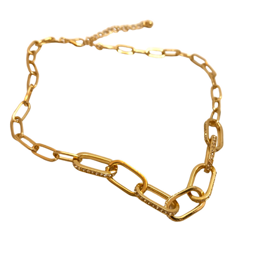 Gold Paperclip Adjustable Length Chocker Necklace with with Crystal Studded Chainlink Design