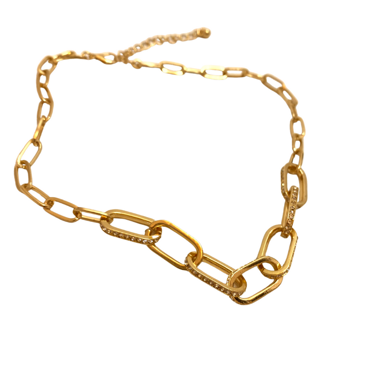 Gold Paperclip Adjustable Length Chocker Necklace with with Crystal Studded Chainlink Design