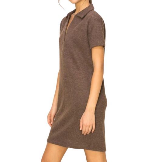 Dark Chocolate V-Neck Collared Short Sleeve Ribbed Sweater Dress