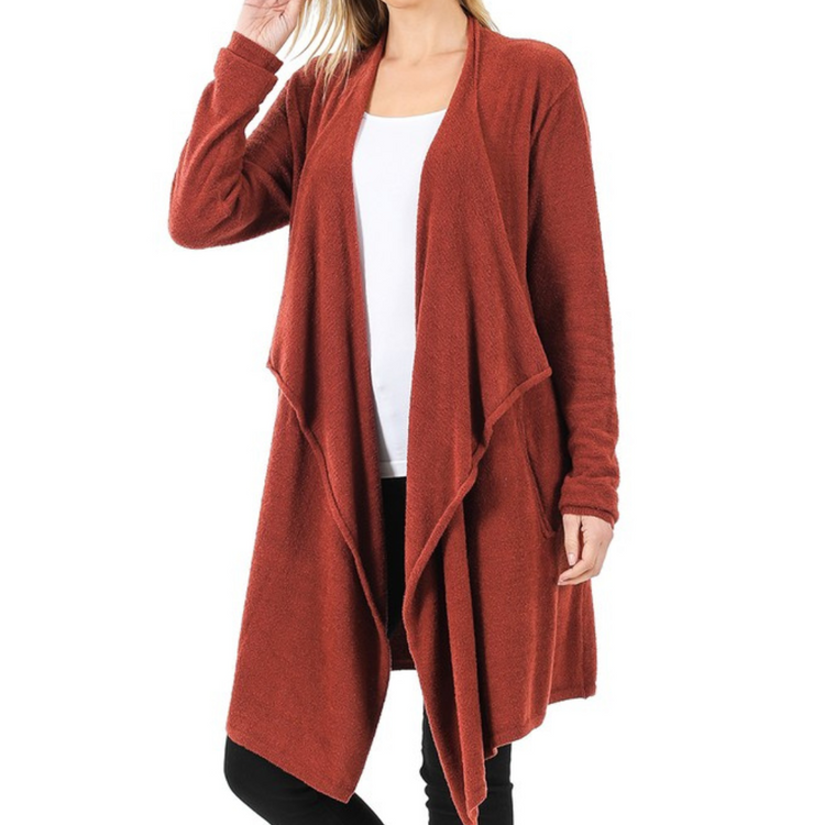 Rust Ultra Soft Draped Open Front Cardigan Sweater