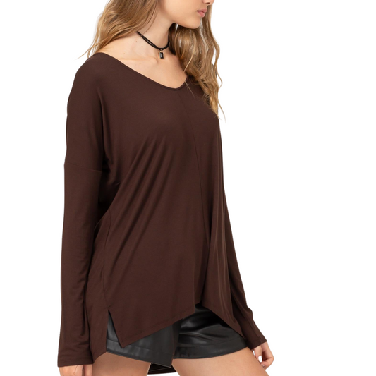 Dark Brown Over Sized Long Sleeve V-Neck Tee Shirt Top