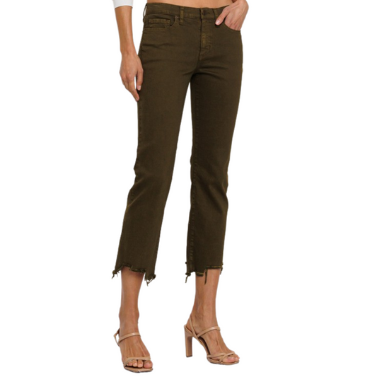 Olive Green Mid Rise Cropped Straight Leg Jeans with Fray Hem