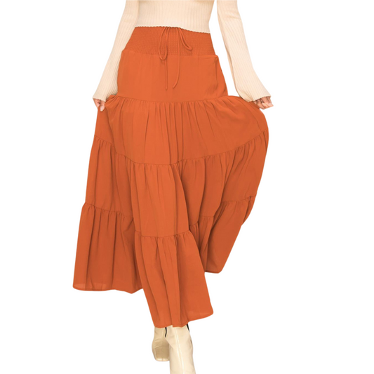 Rust Smocked Waisted Long Tiered Boho Maxi Skirt