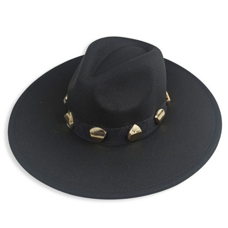 Felt Black Fedora Hat with Black Hatband with Gold Stones