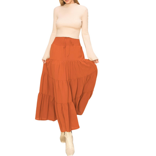 Rust Smocked Waisted Long Tiered Boho Maxi Skirt