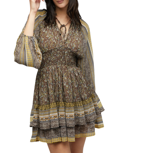 Layered Smocked Waist Paisley Floral Print Mini Dress