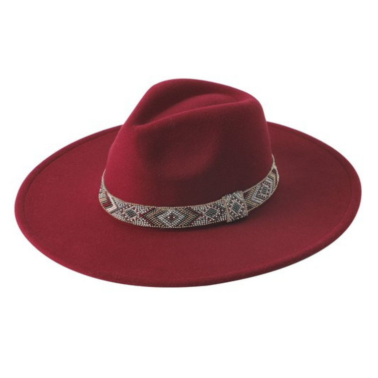 Felt Fedora Hat with Boho Geo Beaded Hatband with Diamond Bling Accents