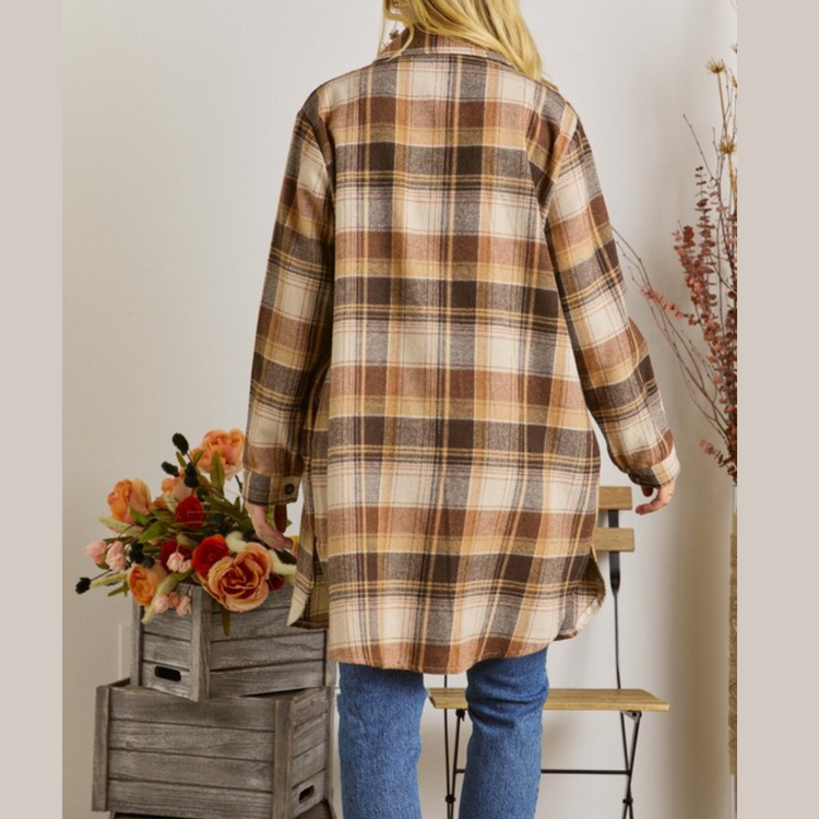 Mocha Brown Long Plaid Flannel Button Down Top Shacket