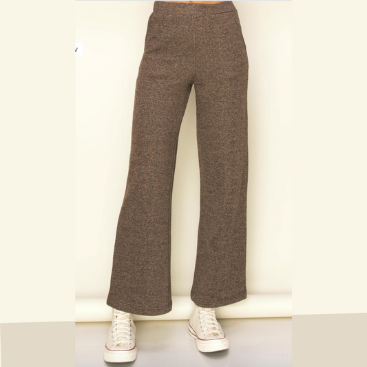 Brown Wide Straight Leg Pants with Elastic Waist and Side Pockets