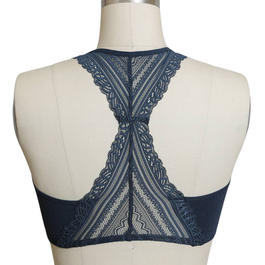 Blue Midnight Lace Trim and Lace Racerback Seamless Bralette