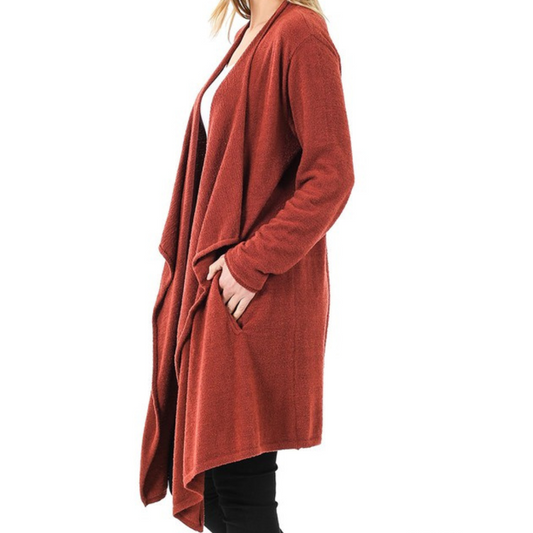 Rust Ultra Soft Draped Open Front Cardigan Sweater