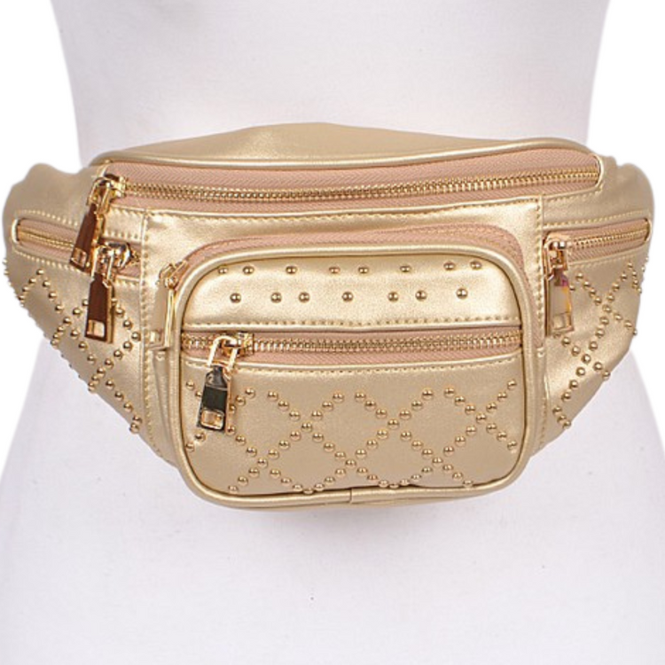 Gold or Silver Multi-Zipper Fanny Pack with Gold Studs and Chain Strap/Belt