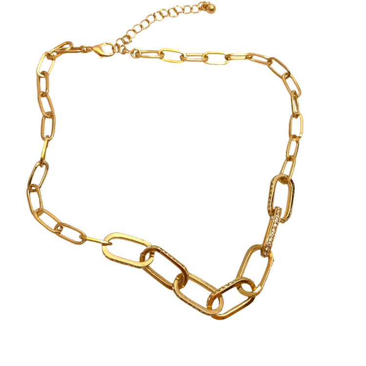 Gold Paperclip Adjustable Length Chocker Necklace with with Crystal Studded Chainlink Design