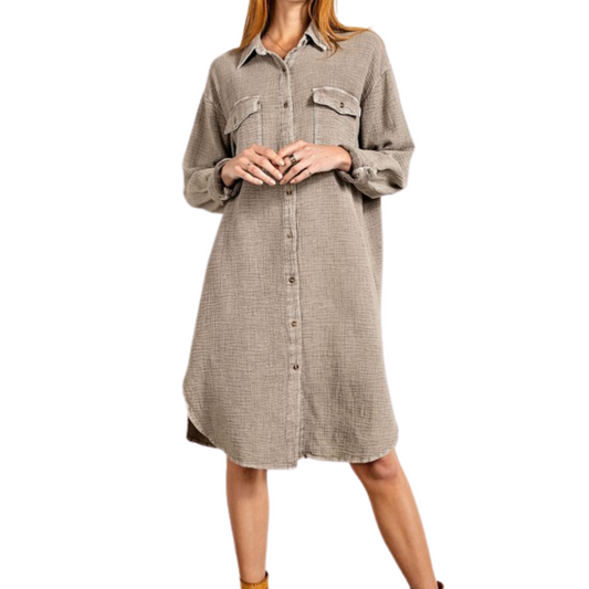 Gray Mushroom Long Cotton Gauze Mineral Washed Button Down Shirt Dress