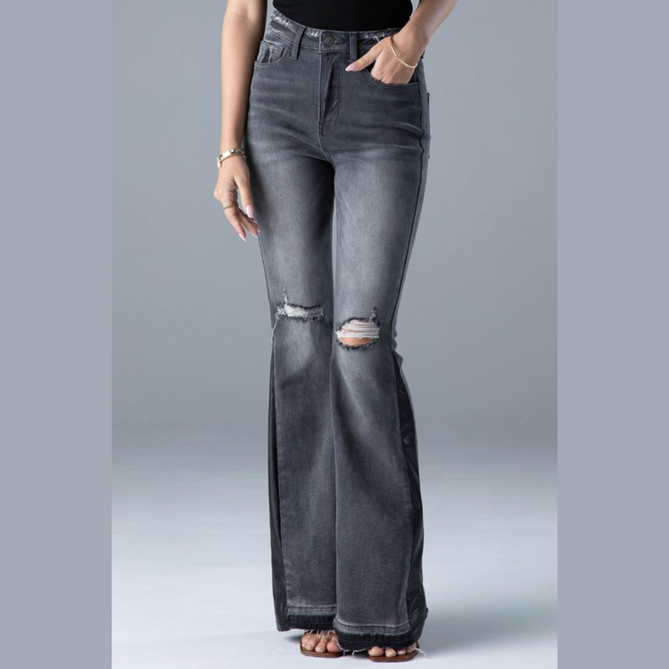 Distressed Black Denim High Rise Flare Bell Bottom Stretch Jeans with Faux Leather Detail
