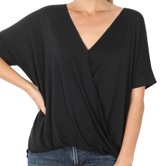 Black Criss Cross Layered Draped Front Hi-Low Top