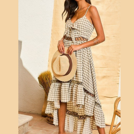 Olive Checkered Hi-Lo Plaid Maxi Dress with Lace Trim Waist Detail.