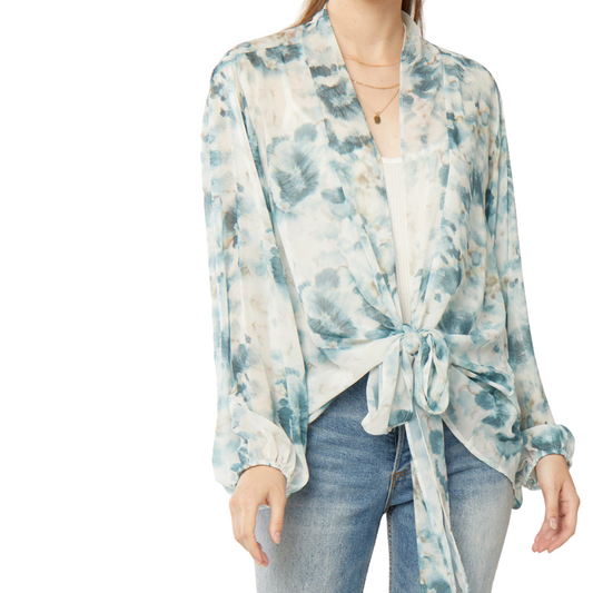 Printed Sheer Long Sleeve Tie Front Kimono