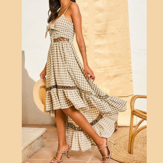 Olive Checkered Hi-Lo Plaid Maxi Dress with Lace Trim Waist Detail.