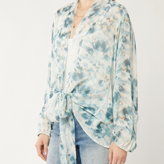 Printed Sheer Long Sleeve Tie Front Kimono