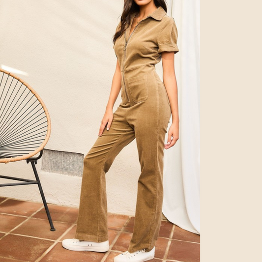 Cuffed Short Sleeve Corduroy Jumpsuit