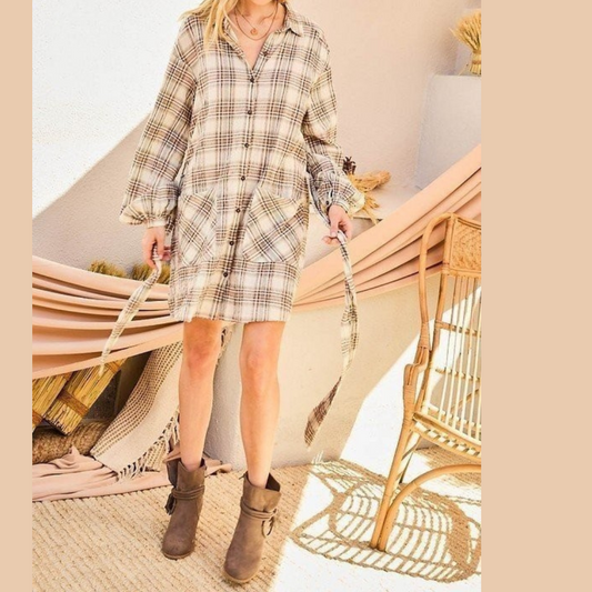 Bubble Sleeved Plaid Belted Shirt Dress